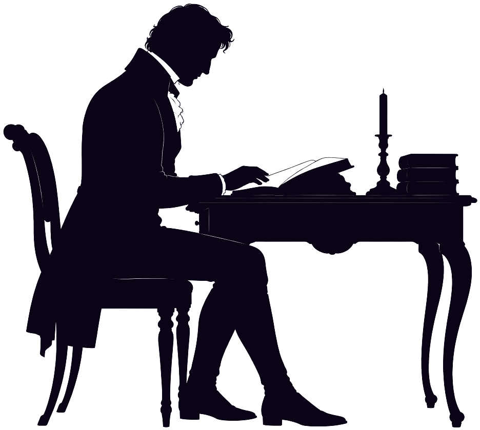Gregory in silhouette at his desk, bowed over a book
