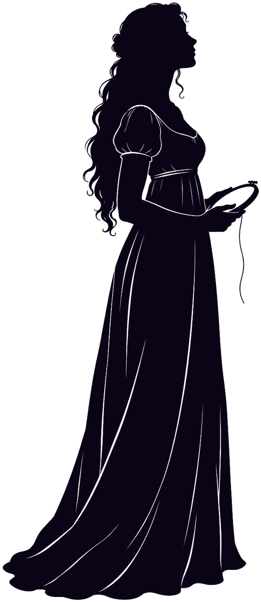 Matilda in silhouette by a Gothic window, an embroidery hoop in her hands