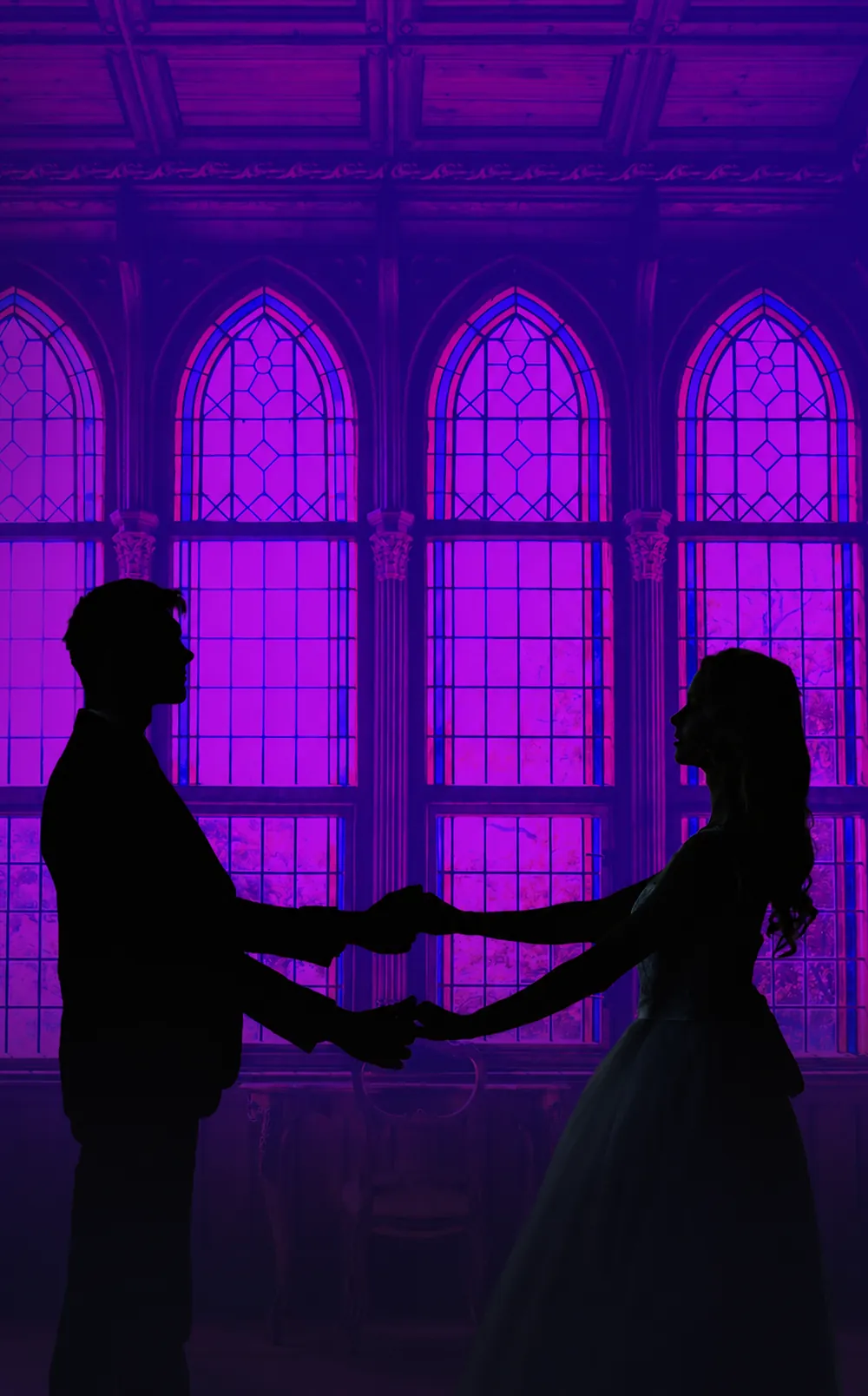 Matilda and Gregory in silhouette, hands joined, before the purple Gothic windows